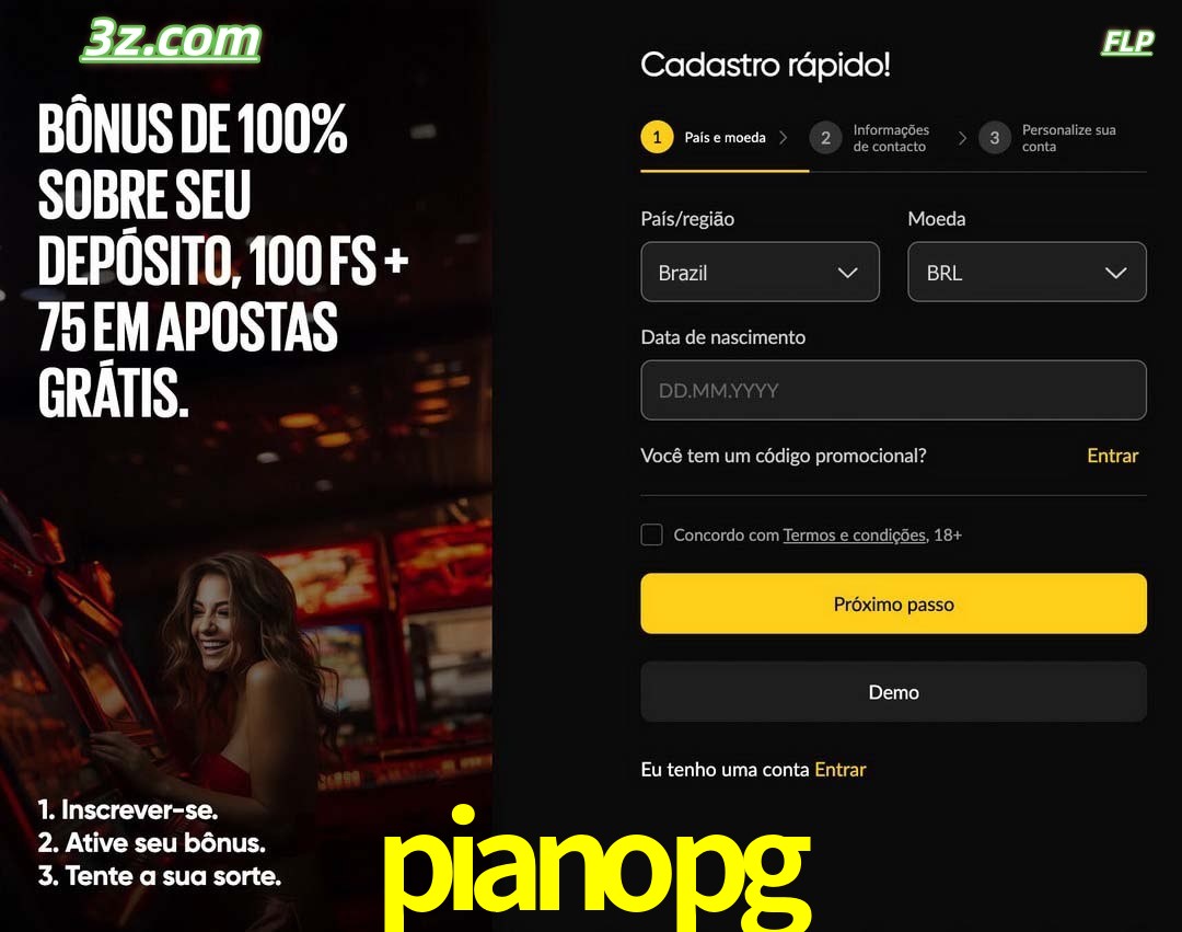 pianopg registro oficial cassino online Brasil com bônus de depósito e free spins